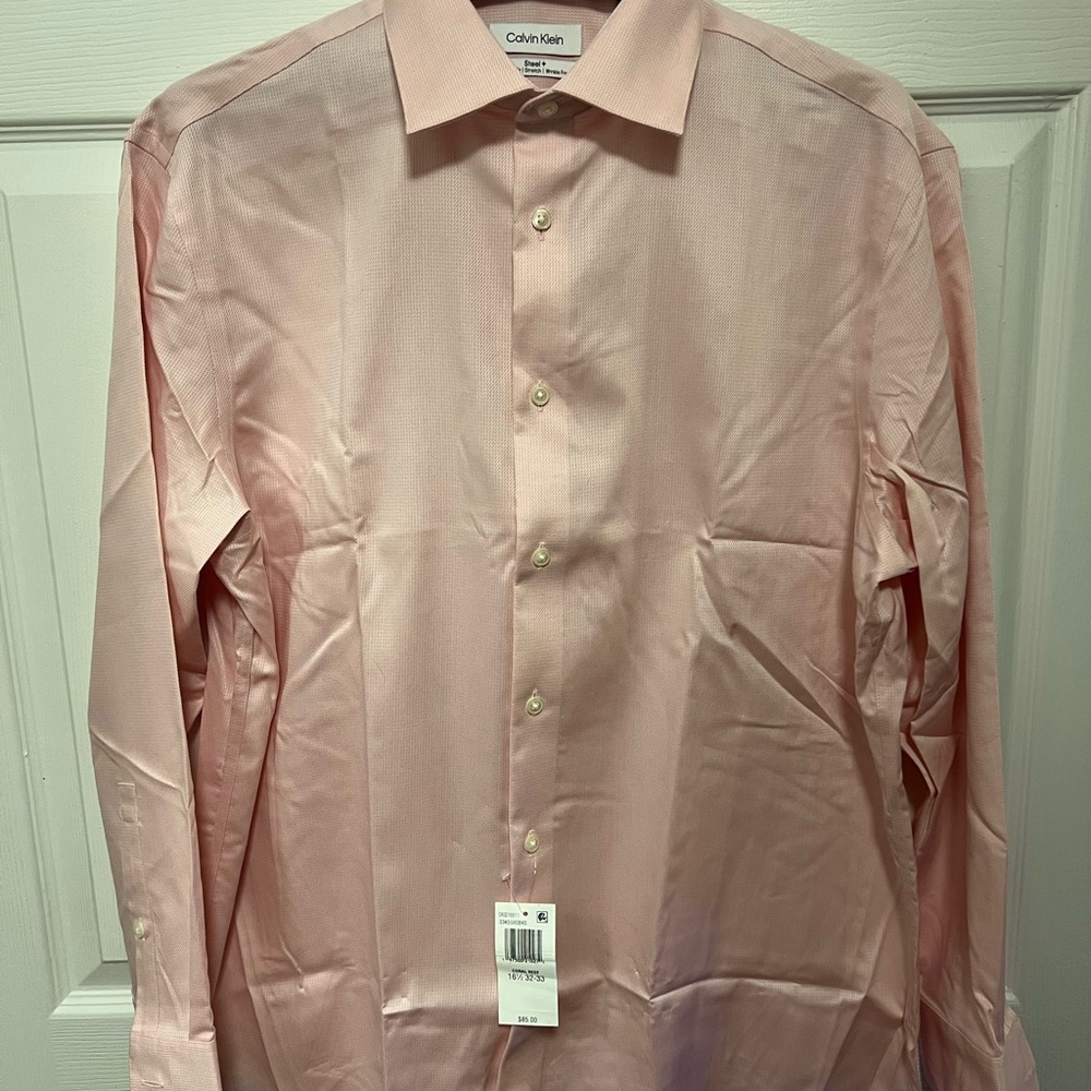 Calvin Klein Steel+ Pink (Coral) Regular Fit Dress Shirt | Size L: 16.5/32-33